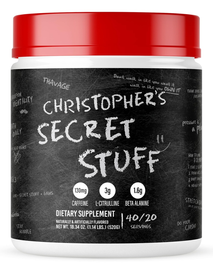 RAW Christopher's Secret Stuff Pre Workout Powder, Thavage (Tastes Like Winning) - Chris Bumstead CBUM Pré-entraînement Supplément pour les hommes et les femmes - Travailler dehors, hydratation et énergie - 40 services
