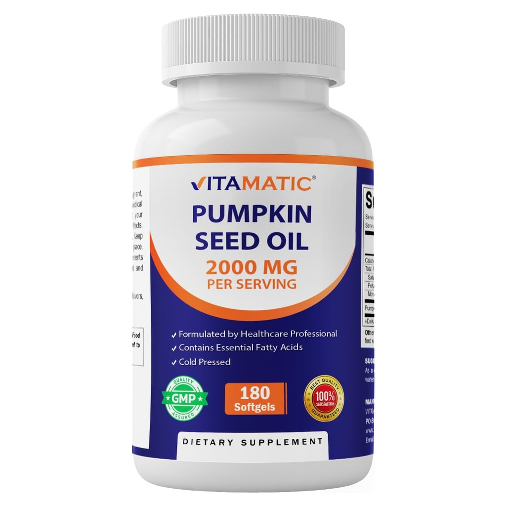 Huile de graines de citrouille vitamatique 2000mg Capsules de softgel par service - 180 Softgels - 1000mg par softgel