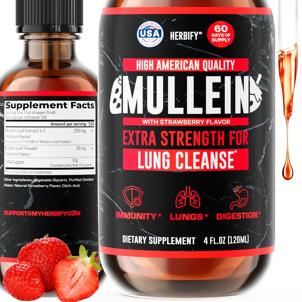 HERBIFY gouttes Mullein - Lung Cleanse - Extrait de feuille - Mullein puissant pour le soutien immunitaire, la désintoxication et le soutien respiratoire - Fabriqué aux États-Unis - 4 Oz Fraise Flavor