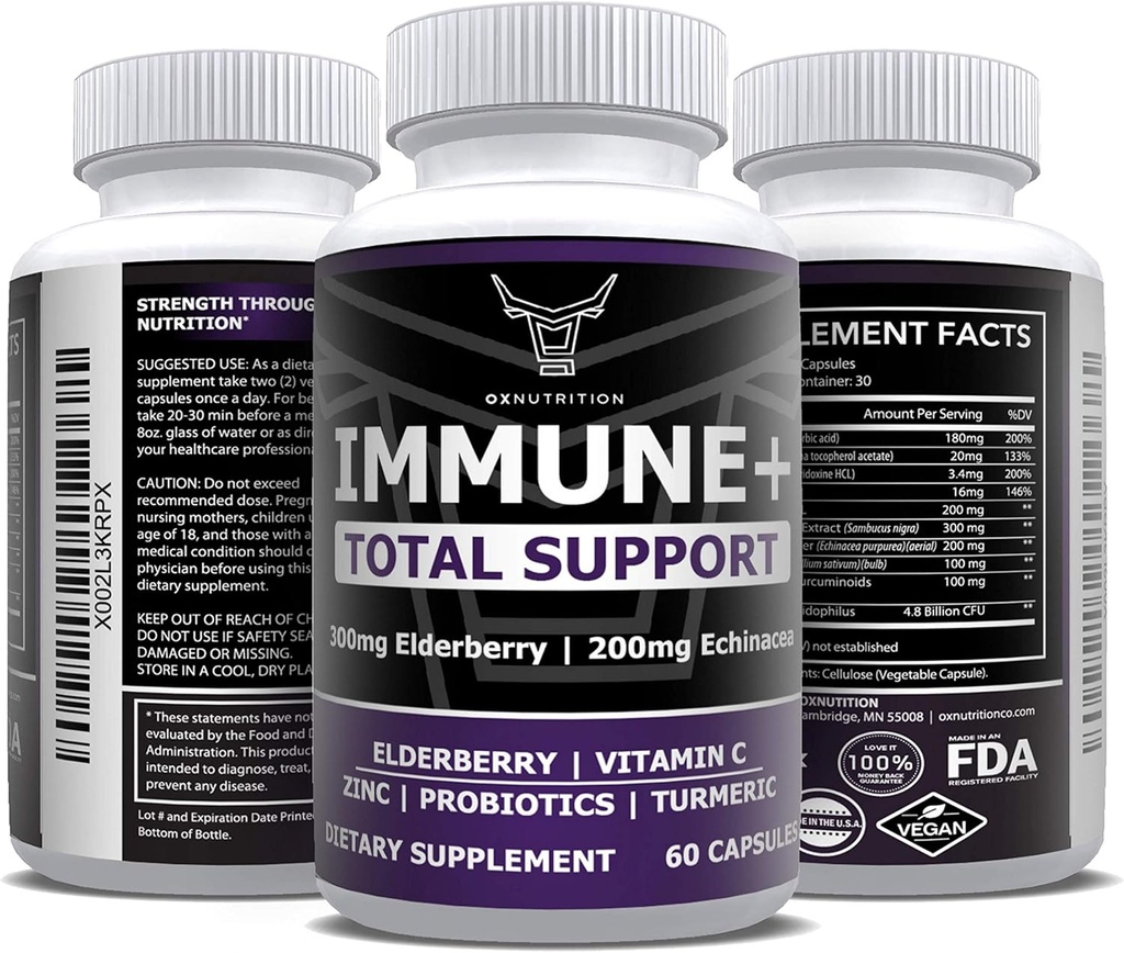 OX Nutrition 10 in 1 Elderberry, Vitamin C, Zink, Vitamin E, Vitamin B6, Echinacea, Knoblauch, Kurkuma, L-Glutamin HCL & Lactobacillus Probiotika & Antioxidantien für Immunabwehr 1 Monat Versorgung
