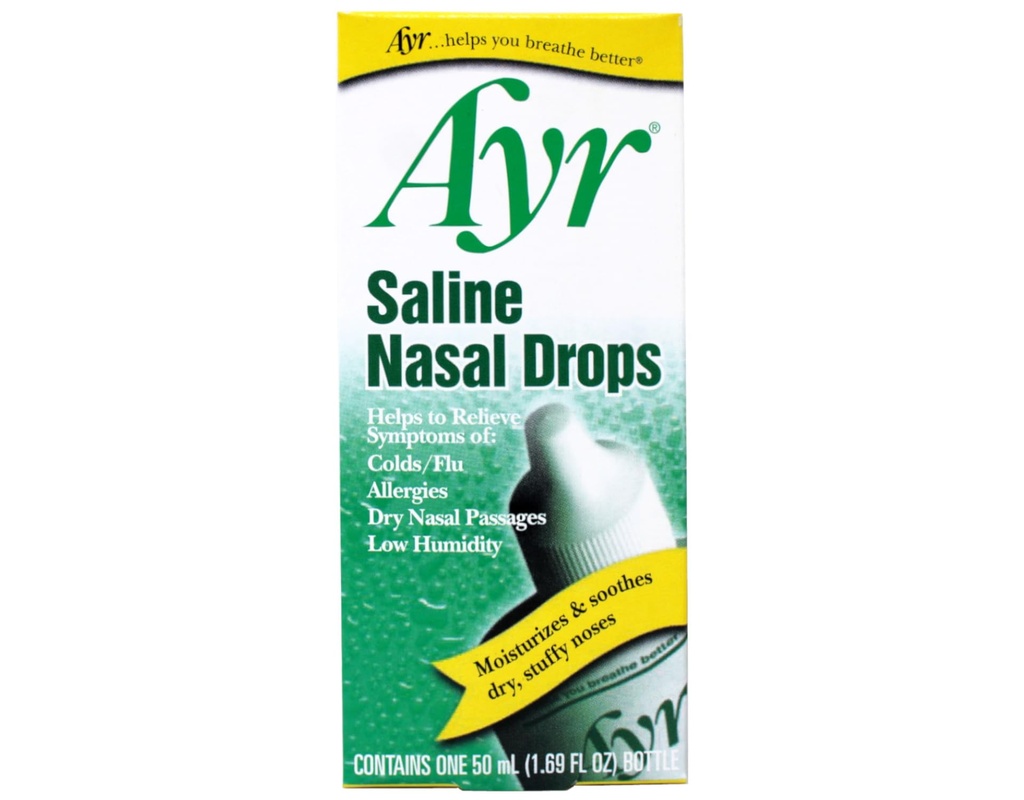 Ayr Saline Nasal Drops 50 mL – Gentle Nasal Moisturizer for Dry Nasal Passages Cold and Allergy Relief