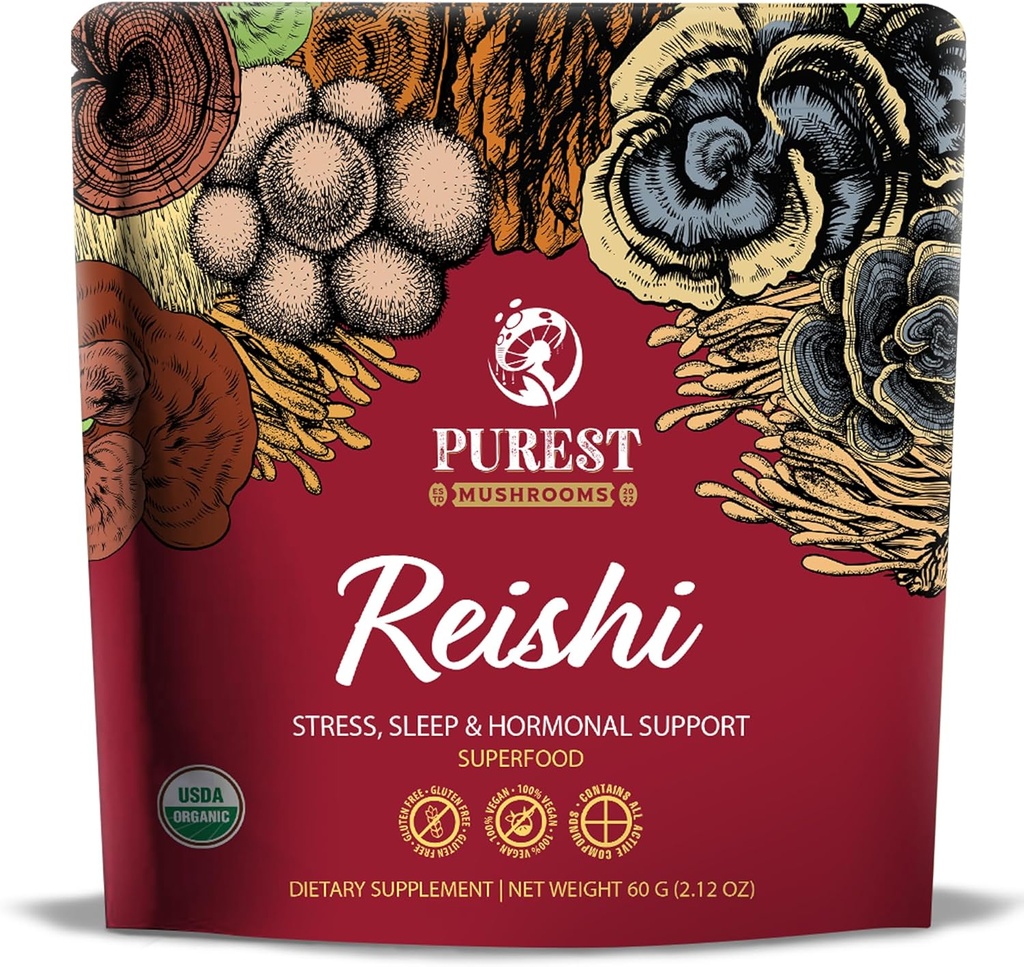 Reishi Pulver - Bio Pilzextrakt Pulver - Pilzergänzungsmittel für Immununterstützung, Stressentlastung, besser Schlaf 60g
