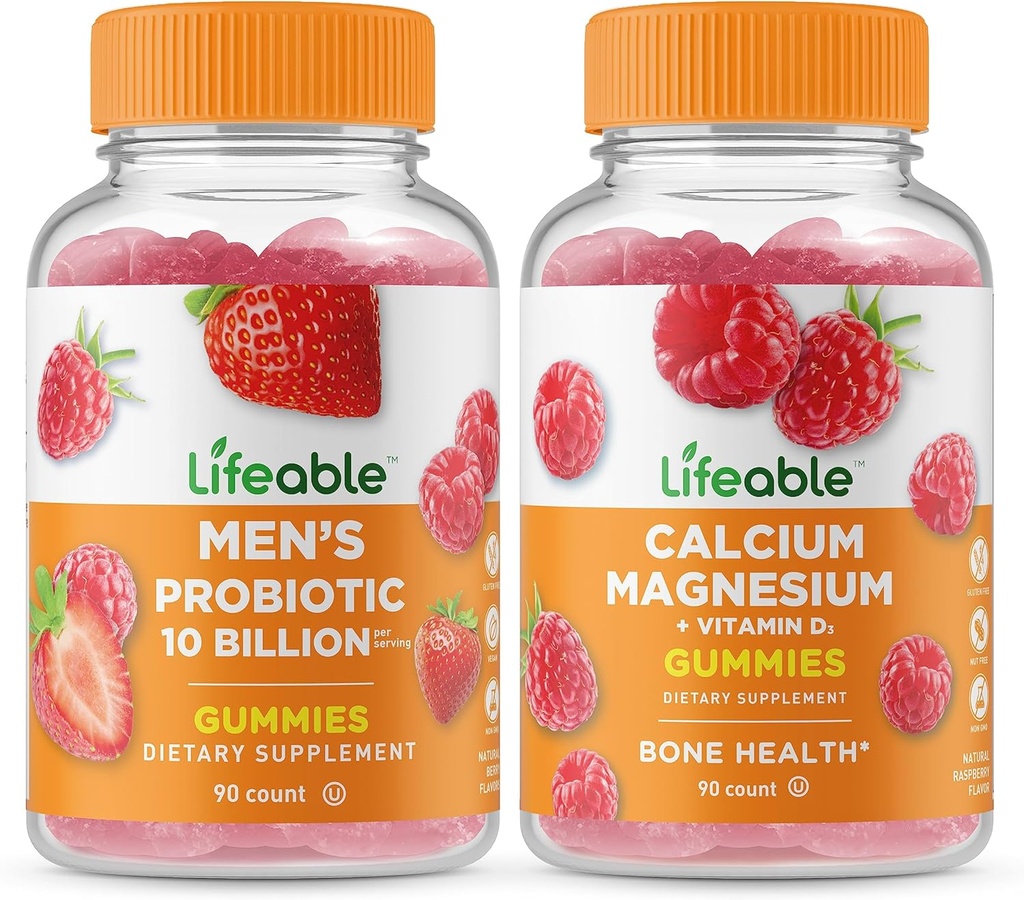 Lebensfähige Männer Probiotic 10 Billion + Calcium Magnesium, Gummis Bundle - Große Verkostung, Vitamin Supplement, Glutenfrei, GMO frei, Kaugummi