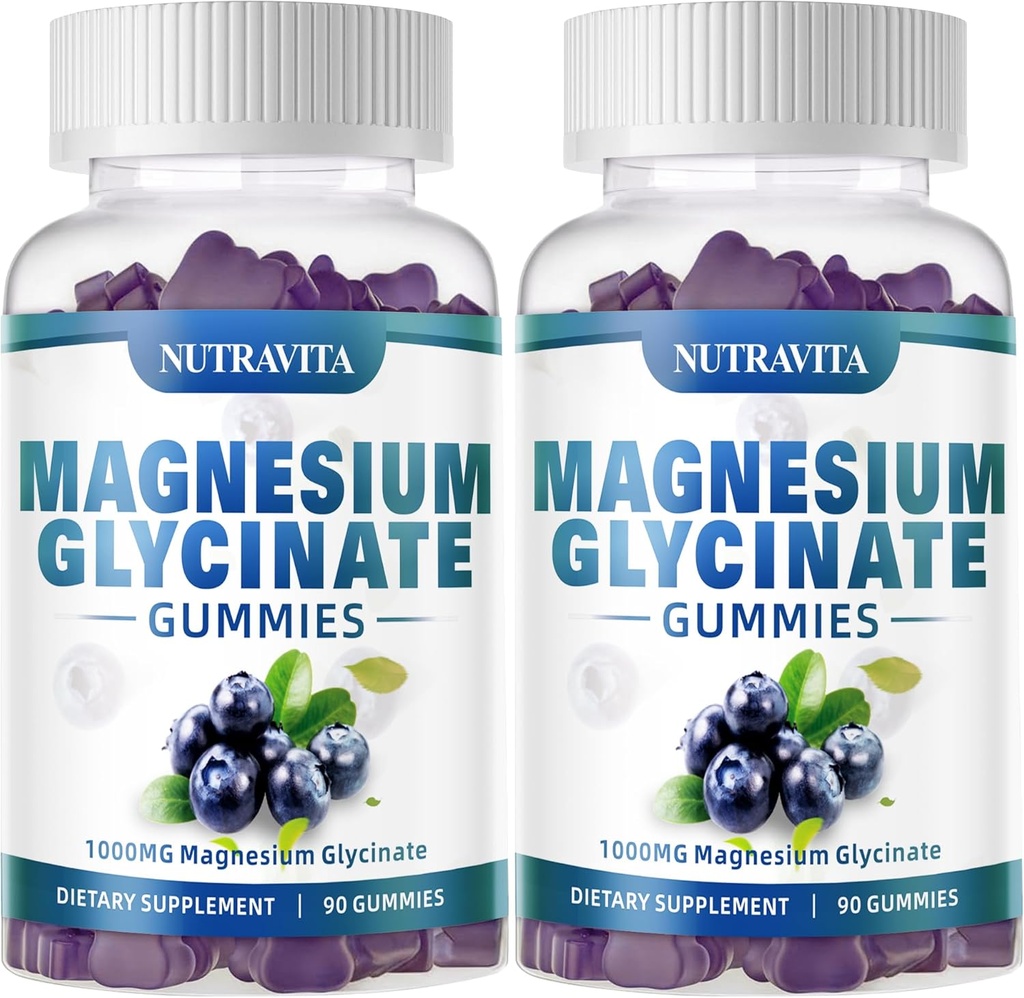 Magnesium-Glycinat-Gummien 1000mg mit Magnesium L-Threonat,Chelat Magnesium-Kalium-Komplex-Ergänzung mit VitD, B6, CoQ10, Calcium,Unterstützung für Gedächtnis, ruhig, Stimmung - 180 Gummi Blueberry