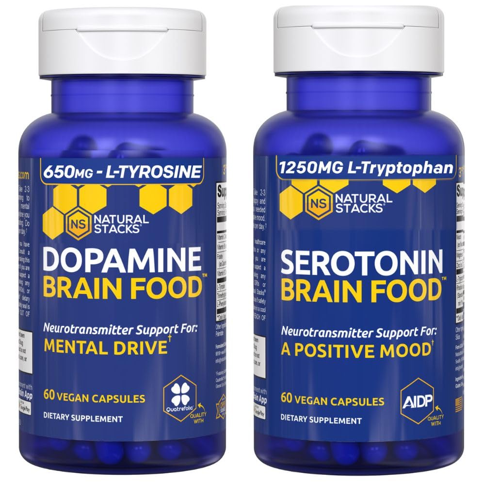 NATURAL STACKS Serotonin Brain Food + Dopamine Brain Food Bundle - Unterstützt einen positiven Mood & Mental Drive* - 120 Gesamtkapseln