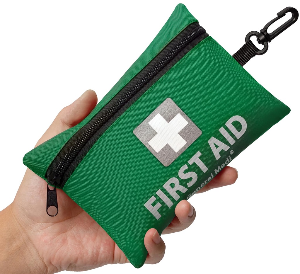 General Medi Mini First Aid Kit, 92 Pieces Small First Aid Kit - Includes Emergency Foil Blanket, Scissors for Travel, Home, Office, Vehicle, Camping, Workplace & Outdoor (Green)