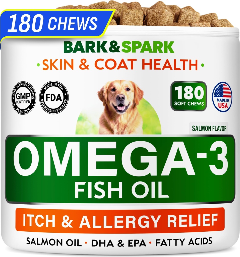 BARK&SPARK Omega 3 für Hunde - 180 Fischöl-Pflege für Hunde, Haut Allergy, Itch Relief, Hot Spots Behandlung - Gemeinsame Gesundheit - Haut und Mantel Supplement - EPA & DHA Fettsäuren - Lachsöl