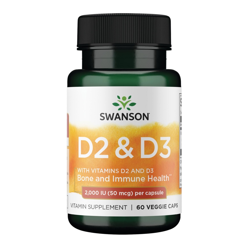 Complexe Vitamine D Swanson avec Vitamines D2 & D3 - Complexe Vitamine Sunshine Complete pour la santé des os, dentaires et immunitaires - Supplément Vitamine (50 mcg, 60 Capsules de Véggie)