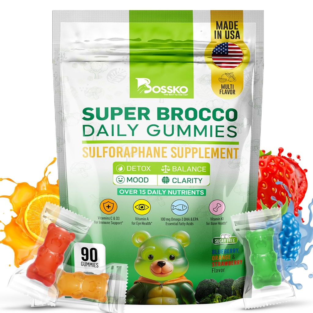 Bossko Sulforaphane Gummis mit Omega-3 – Broccoli Sprout Extract, EPA/DHA & Antioxidants – Cellular Health & Mood Support – 90 Vegan Gummis – Mixed Berry Flavors – Sugar-Free