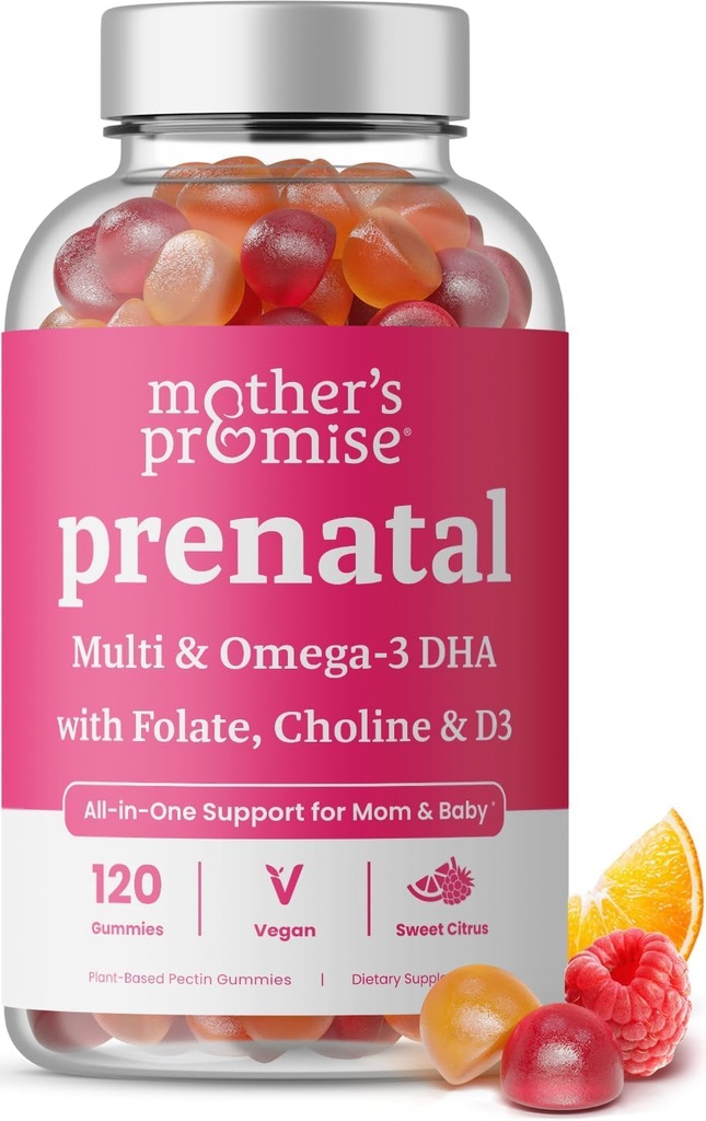 Pränatale Vitamin-Gummien mit DHA | Vegan Pränatale Vitamine für Frauen mit Omega 3, Methylfolat, Choline & D3, Prägnanz-Vitamine für Fetale Entwicklung | Gummy Multivitamin Supplement, 120 Count