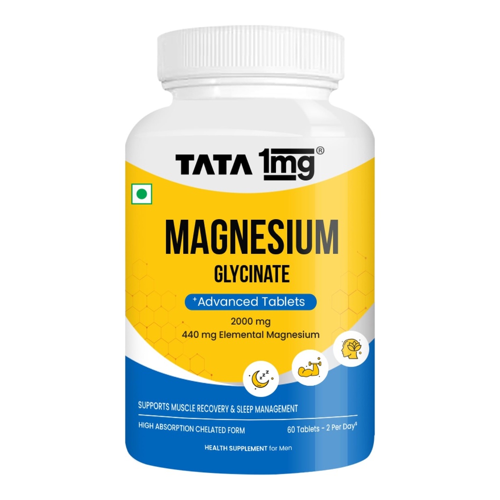 Tata 1mg Magnesium Glycinate Tablets |2000mg | High Absorption Chelated form for Muscle Recovery, Sleep & Nerve Health | 2000mg Per Serving – 60 Veg Tablets