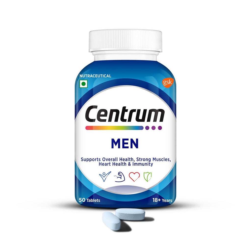 Centrum Men - Multivitamin Tablet for Men | With 23 Vital Nutrients including Zinc, Magnesium, Vitamin B, C, D, Calcium for Energy, Immunity, Muscles and Overall Health | Veg - 50 tablets