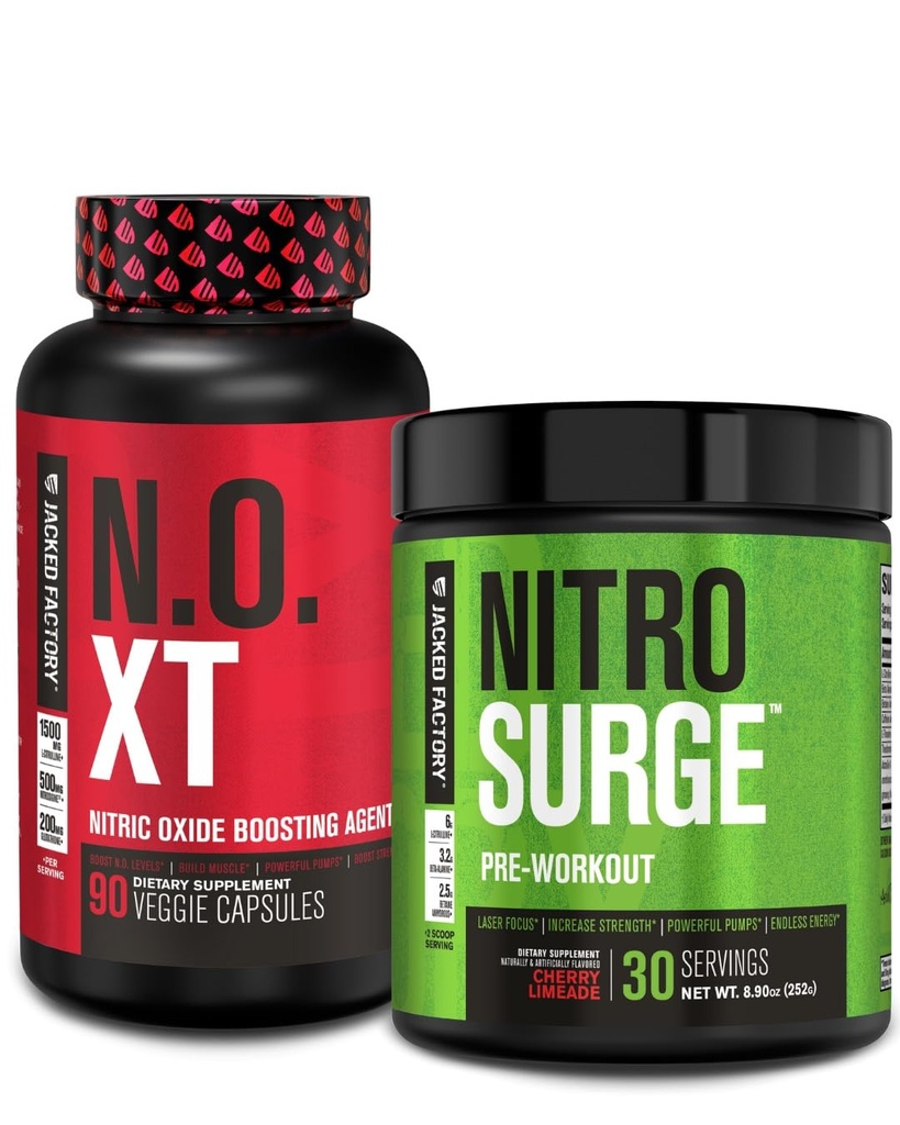 Jacked Factory Pre Workout Stack - N.O XT Nitric Oxid Booster & NITROSURGE High Energy Pre Workout Fuel