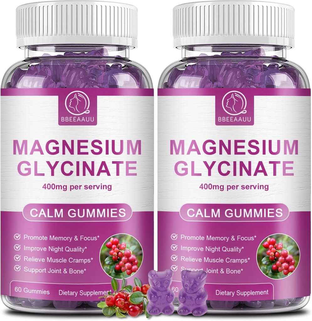 Magnesium-Glycinat-Gummien 400 mg, hohe Absorption Magnesium-Glycinat-Ergänzung mit Kalium, Calcium, Vitamin D, B6 & CoQ10 für Nacht, Muskel-Support Cranberry Flavor 60 Count (2 Packs)
