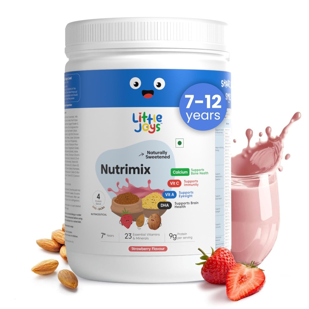 Little Joys Strawberry Nutrimix (7-12 Years) 350g | Sweetened with Jaggery & Dates | 9g Protein | Supports Immunity, Energy & Brain Health | Ragi, Bajra, Almonds | Strawberry Nutrition Drink Powder