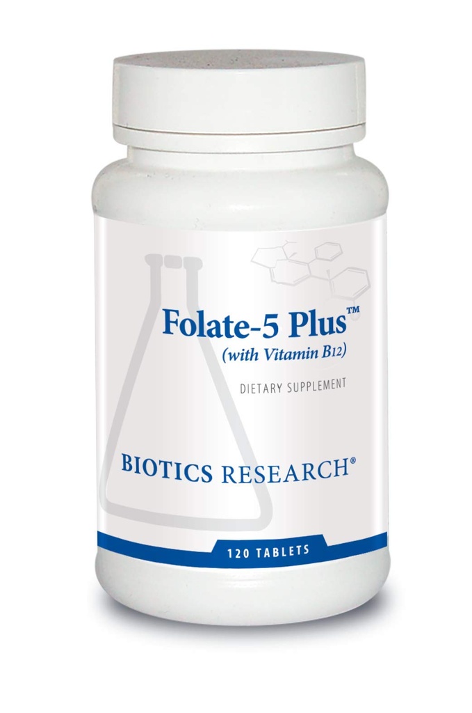 Recherche en biotique Folate 5 Plus Folate à haute puissance avec B12, Support en méthyle, 5 Milligrammes de forme alimentaire naturelle et entière, 18mcg B12, Nutrition de la grossesse, Soutien énergétique, Peau saine, 120 onglets
