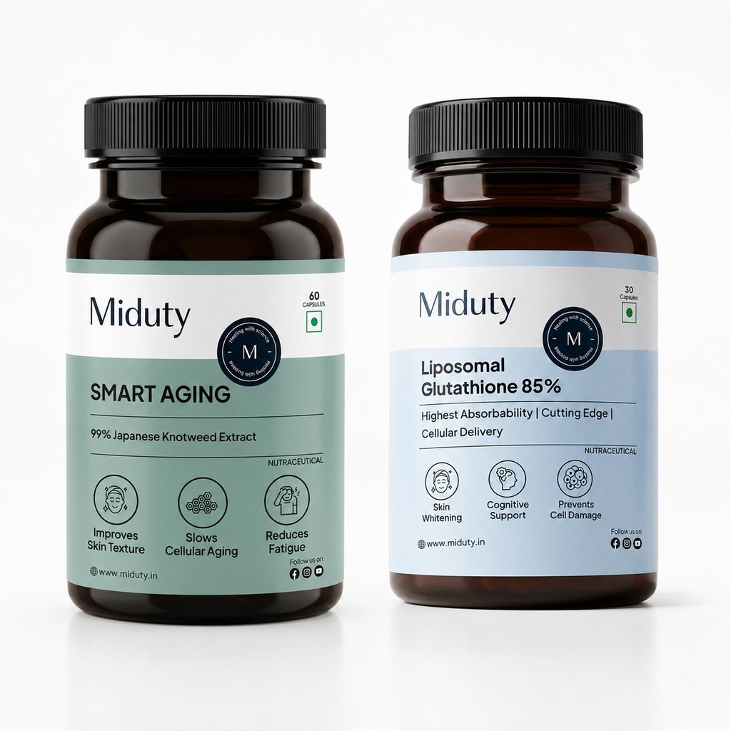 Miduty Liposomal Glutathione & Smart Aging Bundle | 650mg Liposomal Glutathione with 85% Nano-Liposomal Formula + 99% Trans-Resveratrol with Japanese Knotweed, Pomegranate & Green Tea