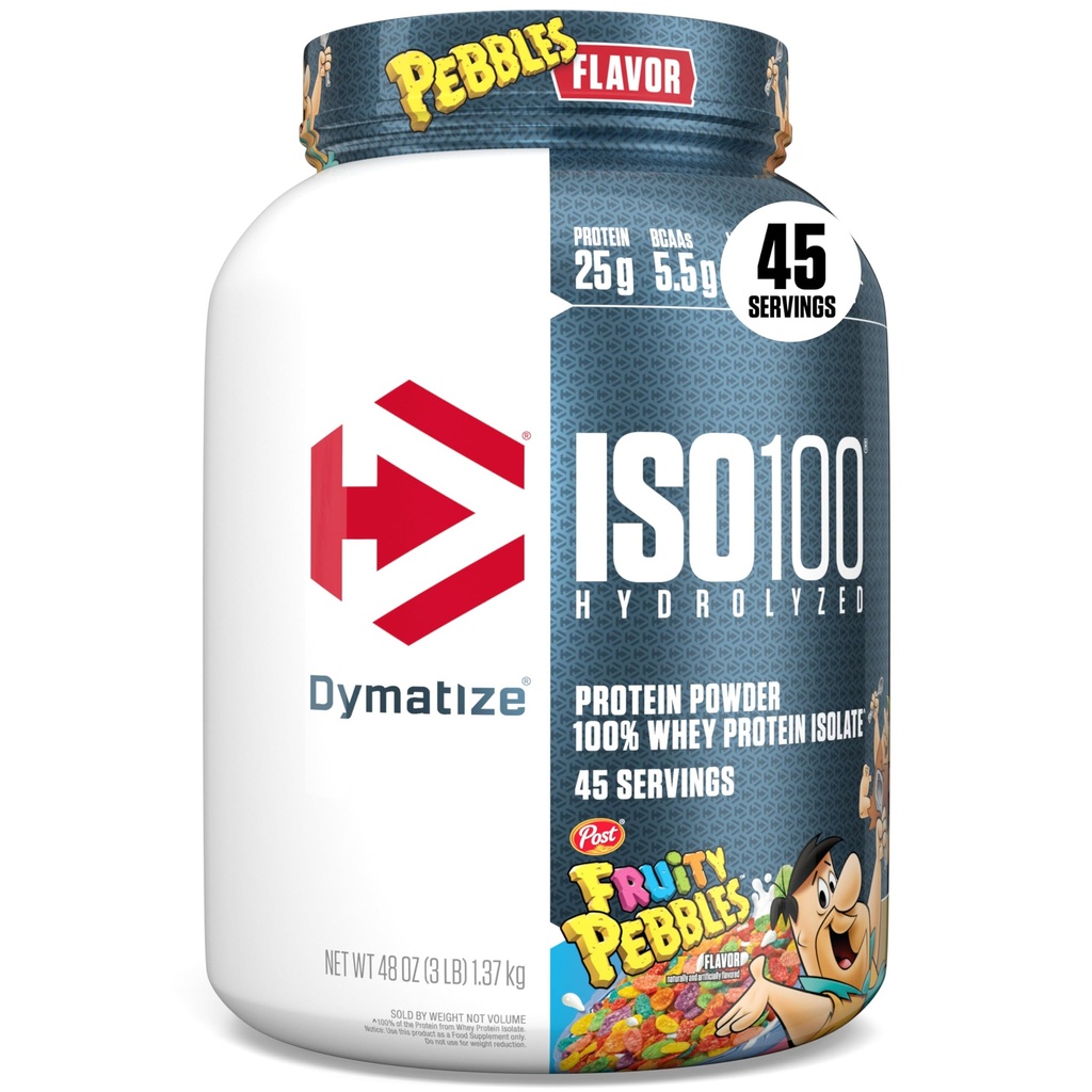 Dymatize x Fruity Pebbles ISO100 Whey Protein Powder Isolate, 25g Protein, 5.5g BCAAs, 120 Cal., Glutenfrei, 1g Fett, 1g Zucker, 2g Carb (45 Servierungen)