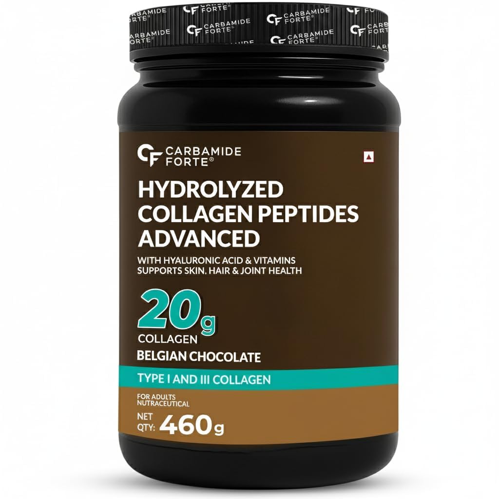 Carbamide Forte Hydrolyzed Collagen Peptides Supplements | Collagen Powder for Women & Men with 20g Peptides + 18g Protein Per Scoop | Type I & III with Hyaluronic Acid, Biotin, Vitamin C & E | Belgian Chocolate Flavour | 460g