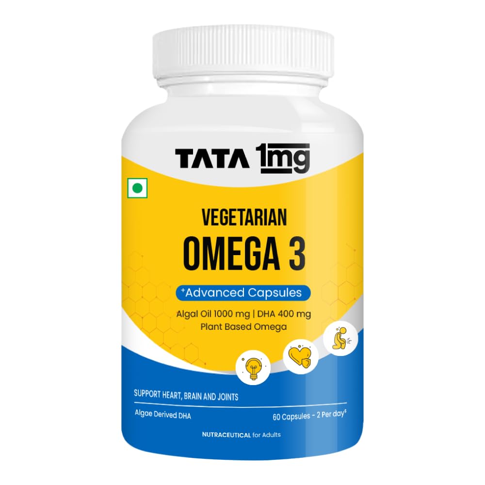Tata 1mg Vegetarian Omega |1000 mg Algal Oil with 400mg DHA | Plant-Based Omega-3 | Supports Heart, Brain & Joint Health | 60 Veg Capsules