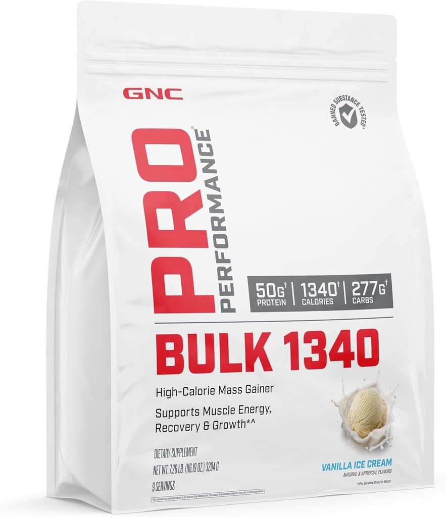GNC Pro Performance Bulk 1340 Maß Gainer Protein Pulver, 50g, Glutenfrei, Whey, Kreatin, BCAA, 3. Partei Getestet, Muskel Erholung & Wachstum, Mikronährstoffe, Vanilla Ice Cream, 9 Servierungen