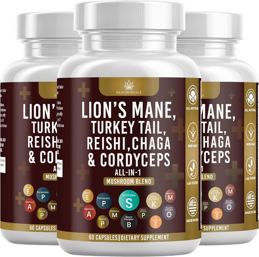 Supplément de champignons avec le Lion's Mane Turkey Tail Reishi Cordyceps Chaga Marshmallow Root - 180 Comte