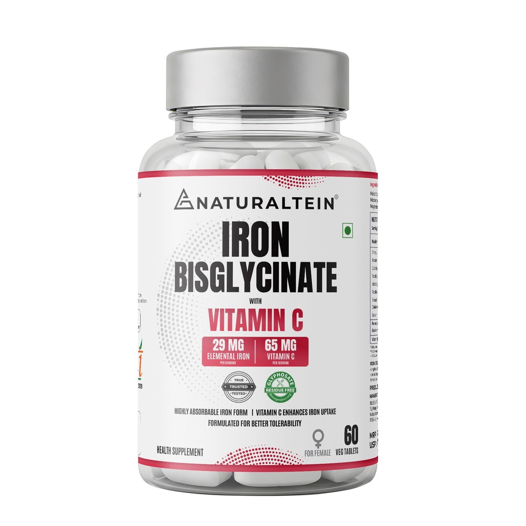 NATURALTEIN Iron Bisglycinate with Vitamin C – 60 Tablets | 29 mg Elemental Iron | Gentle on Stomach | Supports Women’s Energy, Vitality & Healthy Blood Levels