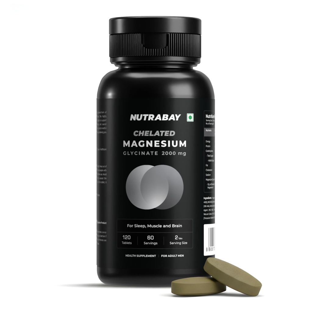 NUTRABAY Magnesium Glycinate 2000mg Per Serving | High Absorbing Chelated Form For Deep Sleep, Muscle Soreness & Brain Function | For Men & Women | 120 Tablets