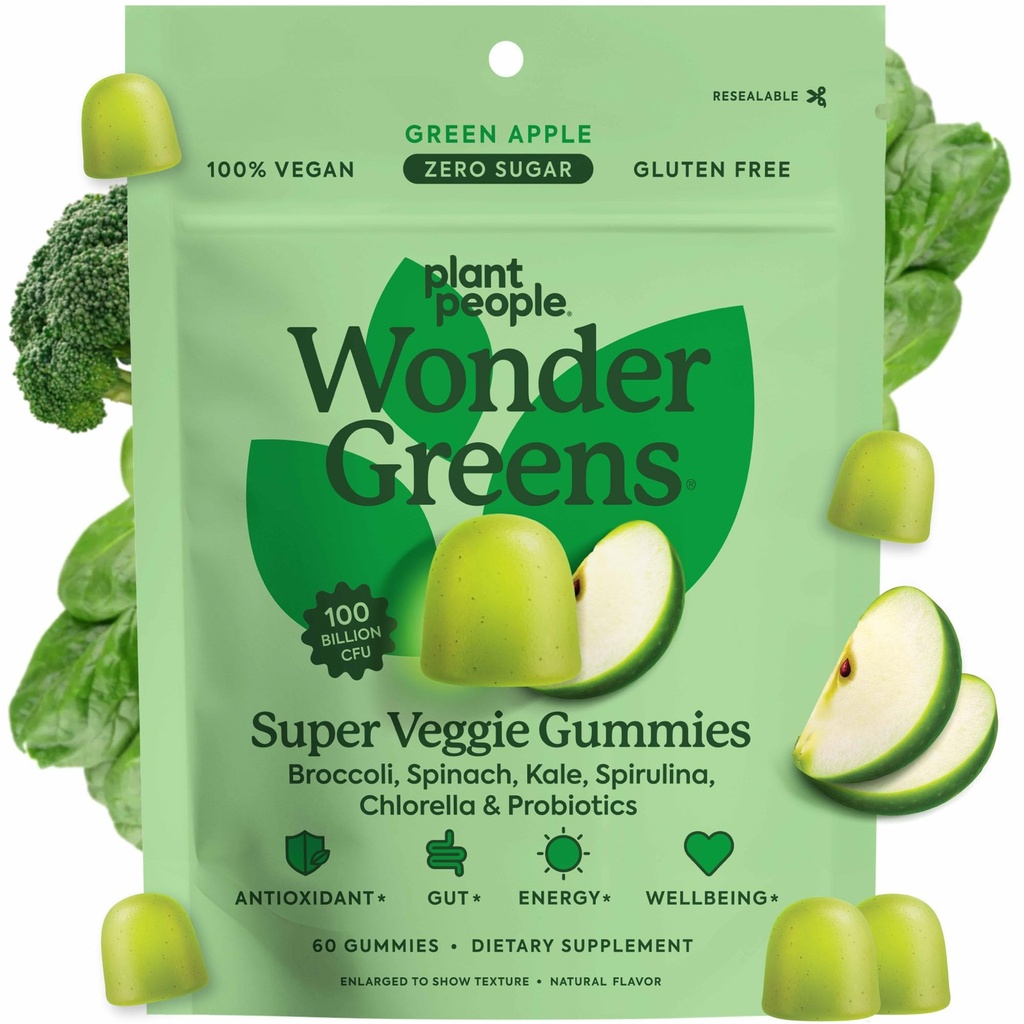 Plant People WonderGreens Veggie Gummies Super Greens avec Probiotiques Multivitamine Support Gummy pour le bien-être, l'énergie, l'Immune et la santé Gut, Green Apple Flavor (60 comte)