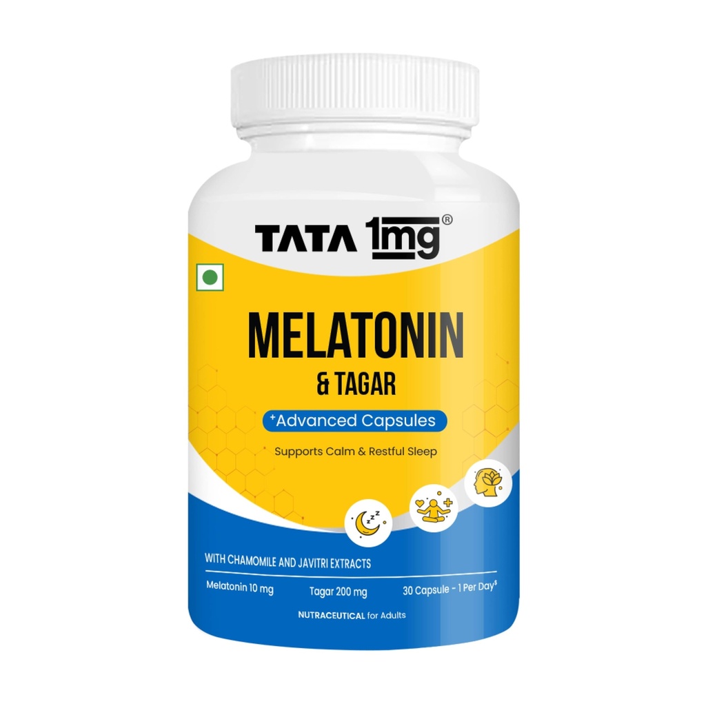 Tata 1mg Melatonin 10mg Vegetarian Capsule for Calm & Restful Sleep, For Men & Women, Pack of 30
