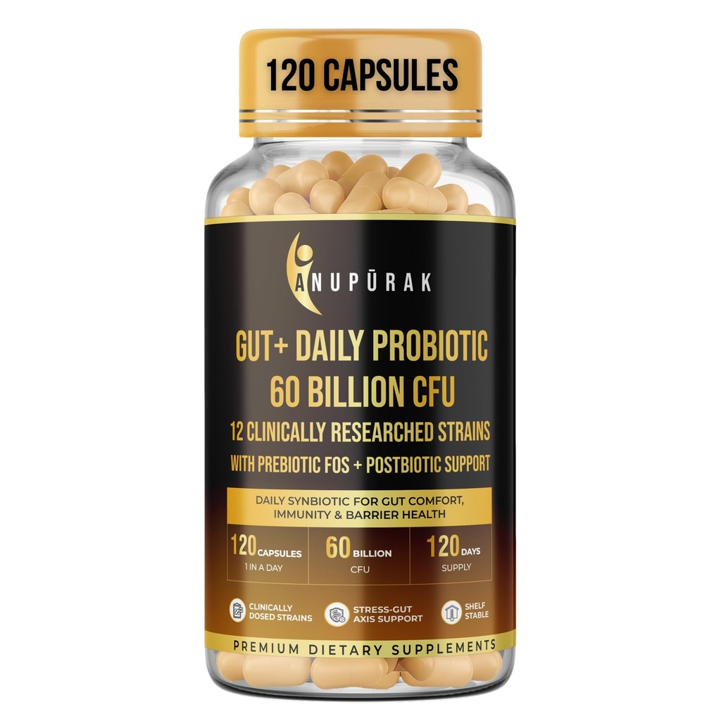 Gut Health Probiotic 60 Billion CFU — 12 Strains Synbiotic | Postbiotic + FOS & GOS Prebiotics | Supports Digestion, Gut Flora & Immunity | Daily Gut Balance Supplement | 120 Capsules (120 Days)