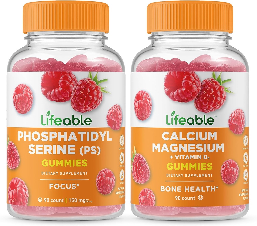Phosphatidylsérine (PS) durable + magnésium de calcium, bundle de gommes - Grande dégustation, supplément de vitamine, sans gluten, sans OGM, gomme à mâcher