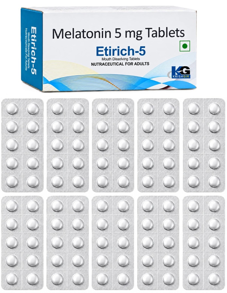 Etirich-5 Melatonin 5mg Chewable Tablet | Nutritional Supplement For Sleep Support, Non Habit Forming | Vegetarian | Nutraceutical For Adults - 100 Tablets (10x10)