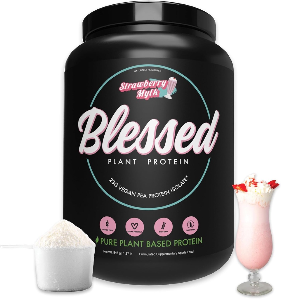 Blessed Vegan Protein Powder - Pflanzenbasiertes Proteinpulver Meal Ersatzprotein Shake, 23g Pea Protein Powder, Dairy Free, Glutenfrei, Sojafrei, Ohne Zucker Hinzugefügt, 30 Portionen (Strawberry Mylk)