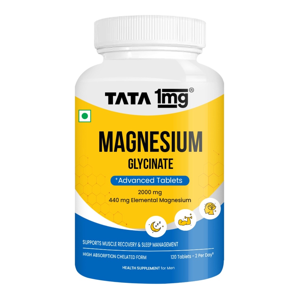 Tata 1mg Magnesium Glycinate Tablets |2000mg | High Absorption Chelated form for Muscle Recovery, Sleep & Nerve Health | 2000mg Per Serving – 120 Veg Tablets