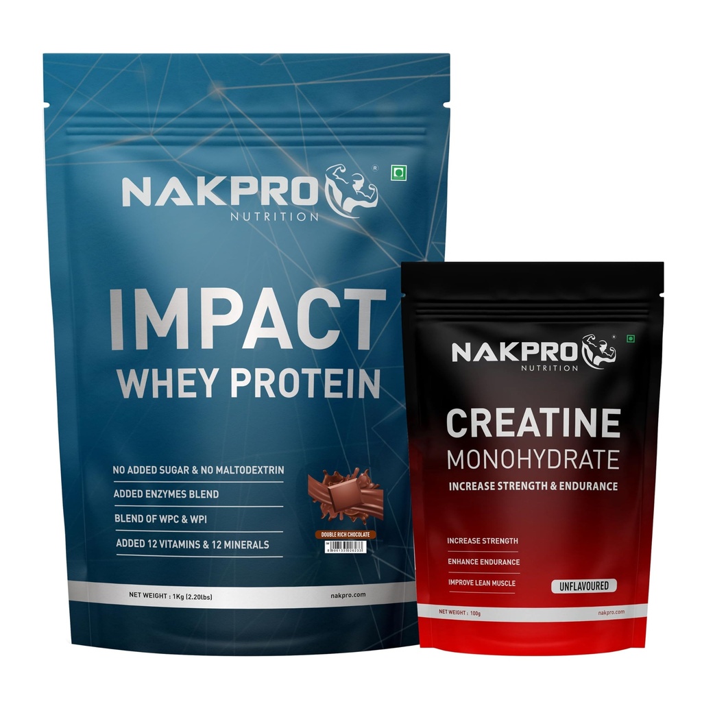 NAKPRO NUTRITION Impact Whey Protein Supplement Powder Combo (1 kg with 100g Creatine -Double Rich Chocolate)