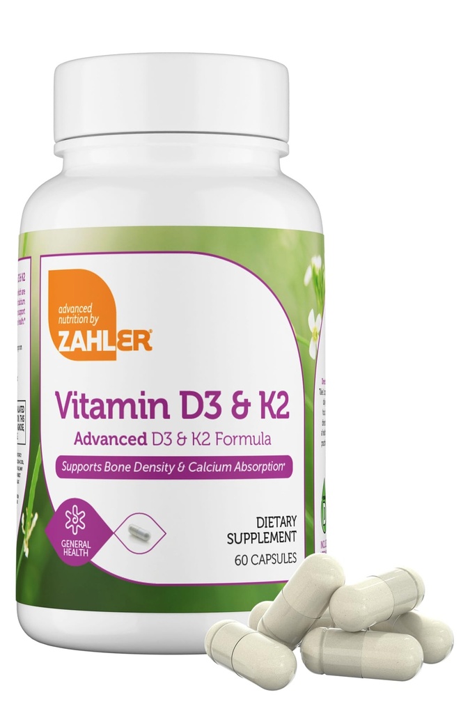 Zahler Vitamin D3 5000 IU K2 - Fortgeschrittenes Vitamin D3 K2 Formel - Knochendichte & Calcium Absorption - Kosher Vegetarian MK7 Vitamin K2 D3 Vitamin Supplement - VIT D3 K2, Vitamin D K2 (60 Kapseln)