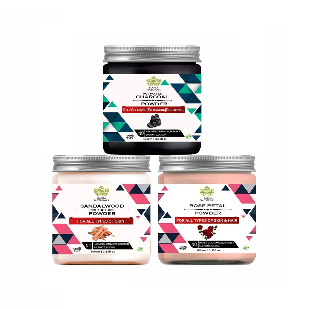 100% Pure & Naturals Charcoal Powder 100gm & Sandalwood Powder 100gm & Rose Petal Powder 100gm (Pack Of 3) 300GM