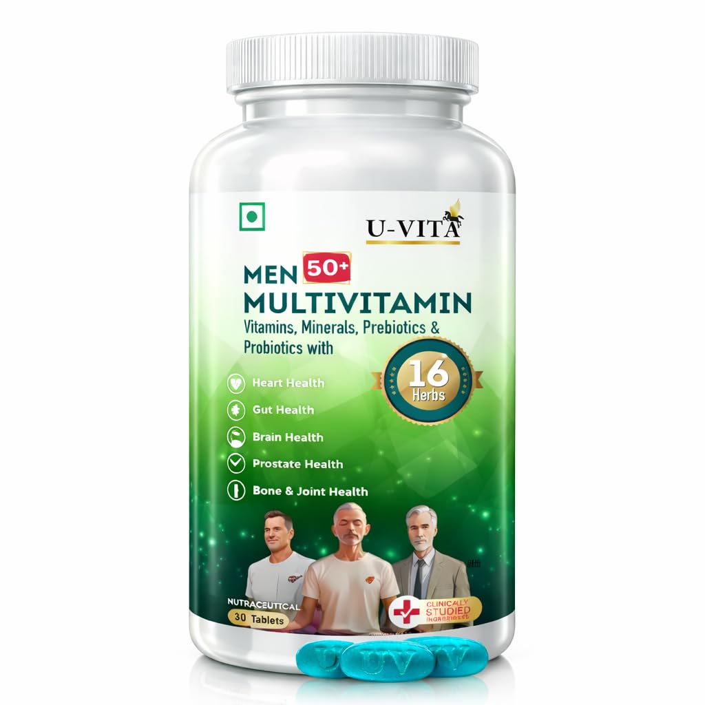 U-VITA Men 50+ Multivitamin | 47 Essential Vitamins, Minerals & herbal extracts | Pre & Probiotics | Resveratrol, Ashwagandha, Lion's Mane Mushroom Extracts | 30 Veg Tablets | Formulated in the UK
