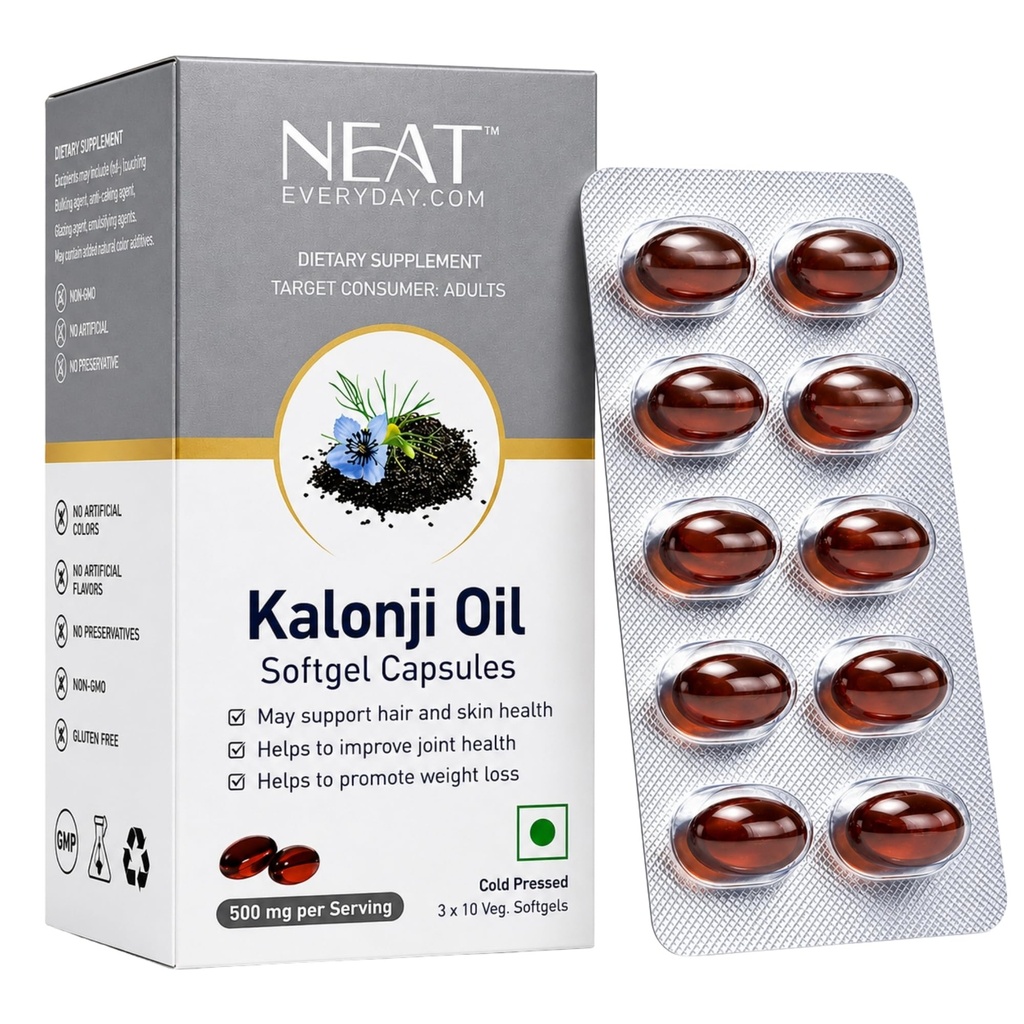 NEAT EVERYDAY Black Seed Oil Capsules | Cold Pressed Kalonji Oil Supplement | Supports Immunity, Digestion, Hair & Skin Health | 30 Vegetarian Capsule