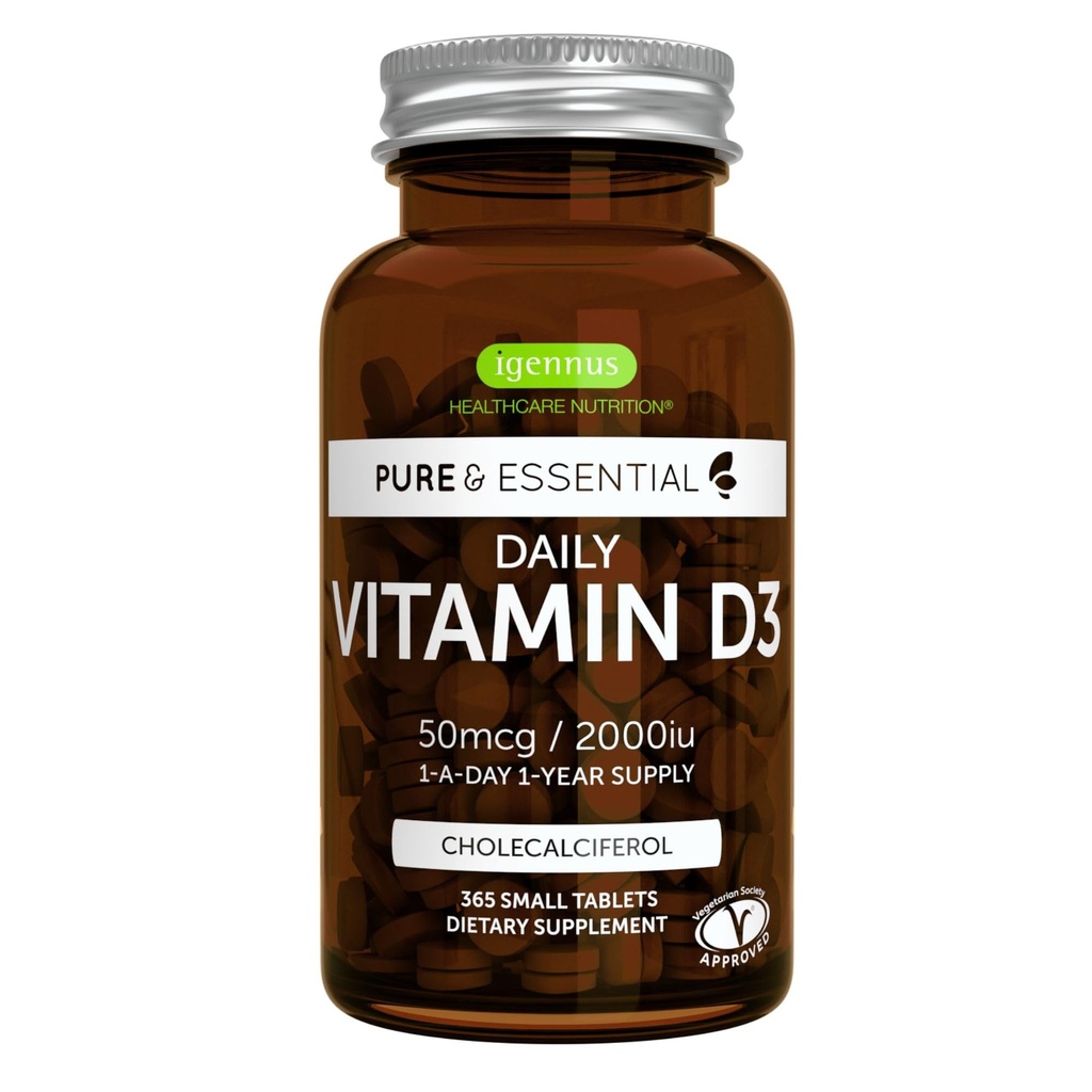 Igennus Daily Vitamin D3 2000iu, 50 mcg, Clean Label, 365 Small Tablets, 1-Jahres-Versorgung, Vegetarische Cholecalciferol Vitamin D Supplement