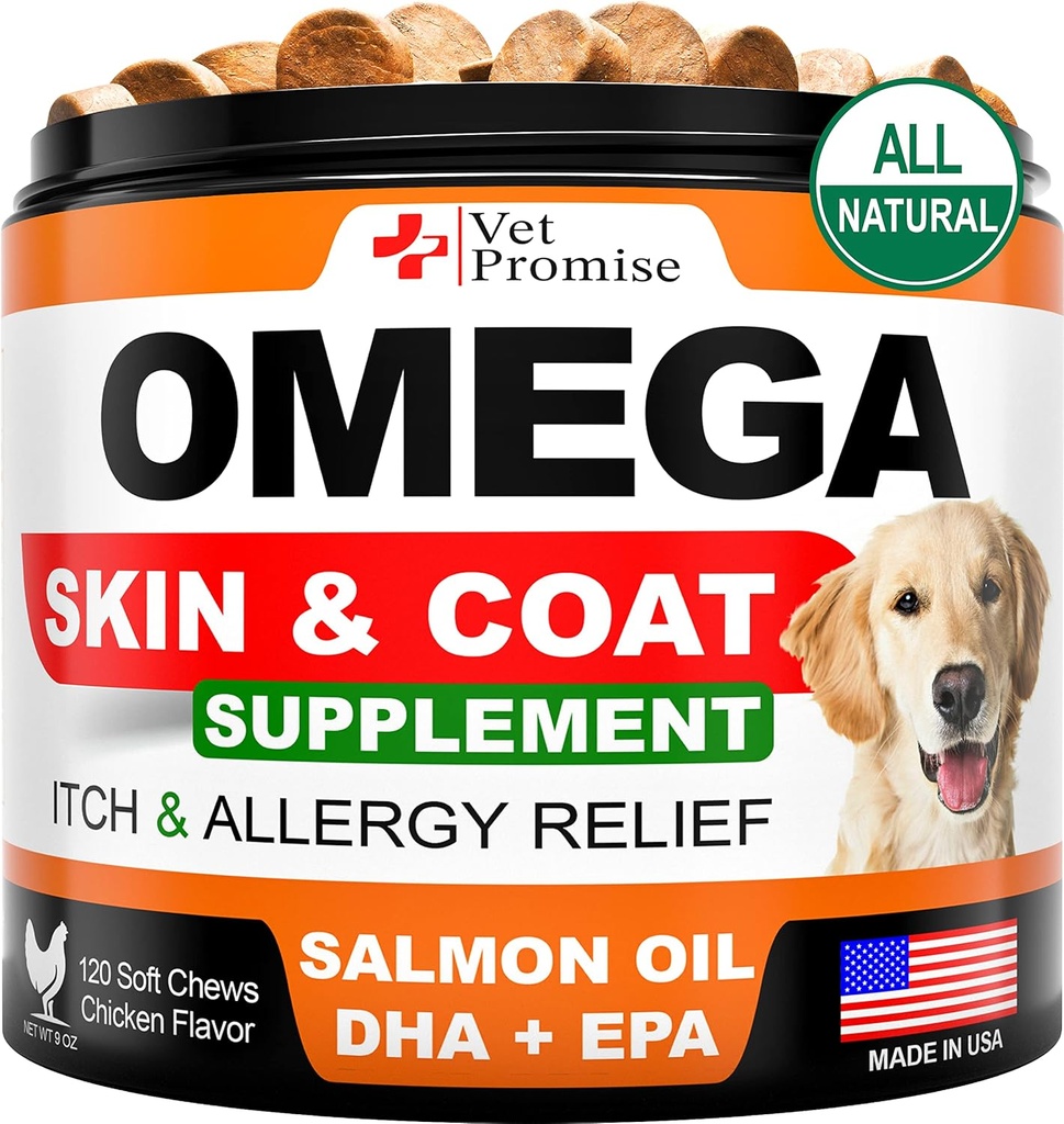 Omega 3 für Hunde - Haut- und Mantelergänzung - Fish Oil for Dogs Chews - Allergy and Itch Relief - Anti Shedding Supplement - Trockene Hautbehandlung - Lachsöl - Made in USA - 120 Weiche Bäume