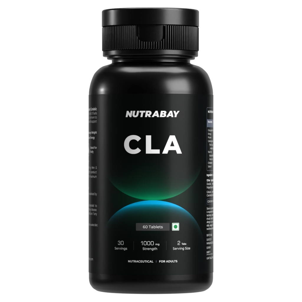 Nutrabay Pro CLA (Conjugated Linoleic Acid) | Fat Burner, Boosts Metabolism & Lean Muscle Build Supplement, 1000mg - 60 Veg Tablets