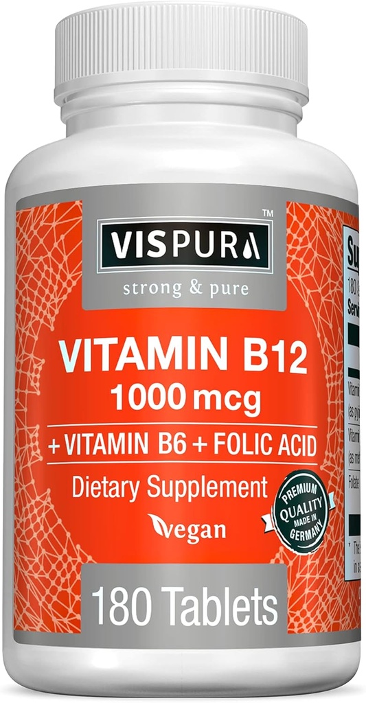 VISPURA Vitamine B12 1000 mcg méthylcobalamine + B6/acide folique, 180 comprimés végétaliens, meilleur supplément pour augmenter l'énergie, améliorer l'humeur, Sharpen Focus*, supplément organique