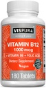 VISPURA Vitamine B12 1000 mcg méthylcobalamine + B6/acide folique, 180 comprimés végétaliens, meilleur supplément pour augmenter l'énergie, améliorer l'humeur, Sharpen Focus*, supplément organique