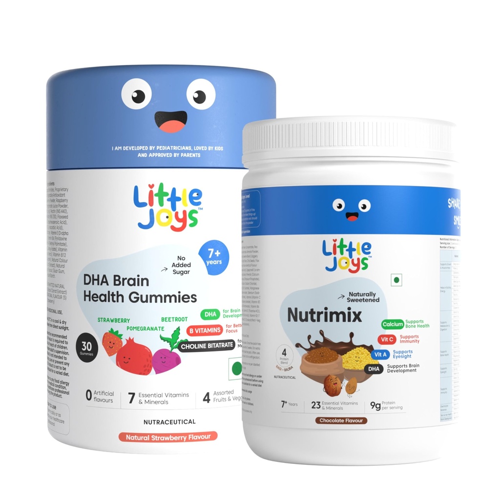 Little Joys Brain Development Kit (7-12 Years) | With NutriMix (350g) & Brain Health Gummies (30 day pack) | Omega 3 DHA-Packed Kit to Support Focus & Memory