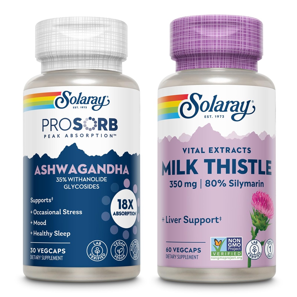 SOLARAY Ashwagandha et supplément de chardon de lait, 18X Absorption Capsules Ashwagandha pour le soutien de l'humeur et extrait de chardon de lait, végétalien, garantie de 60 jours, 30ct/60ct
