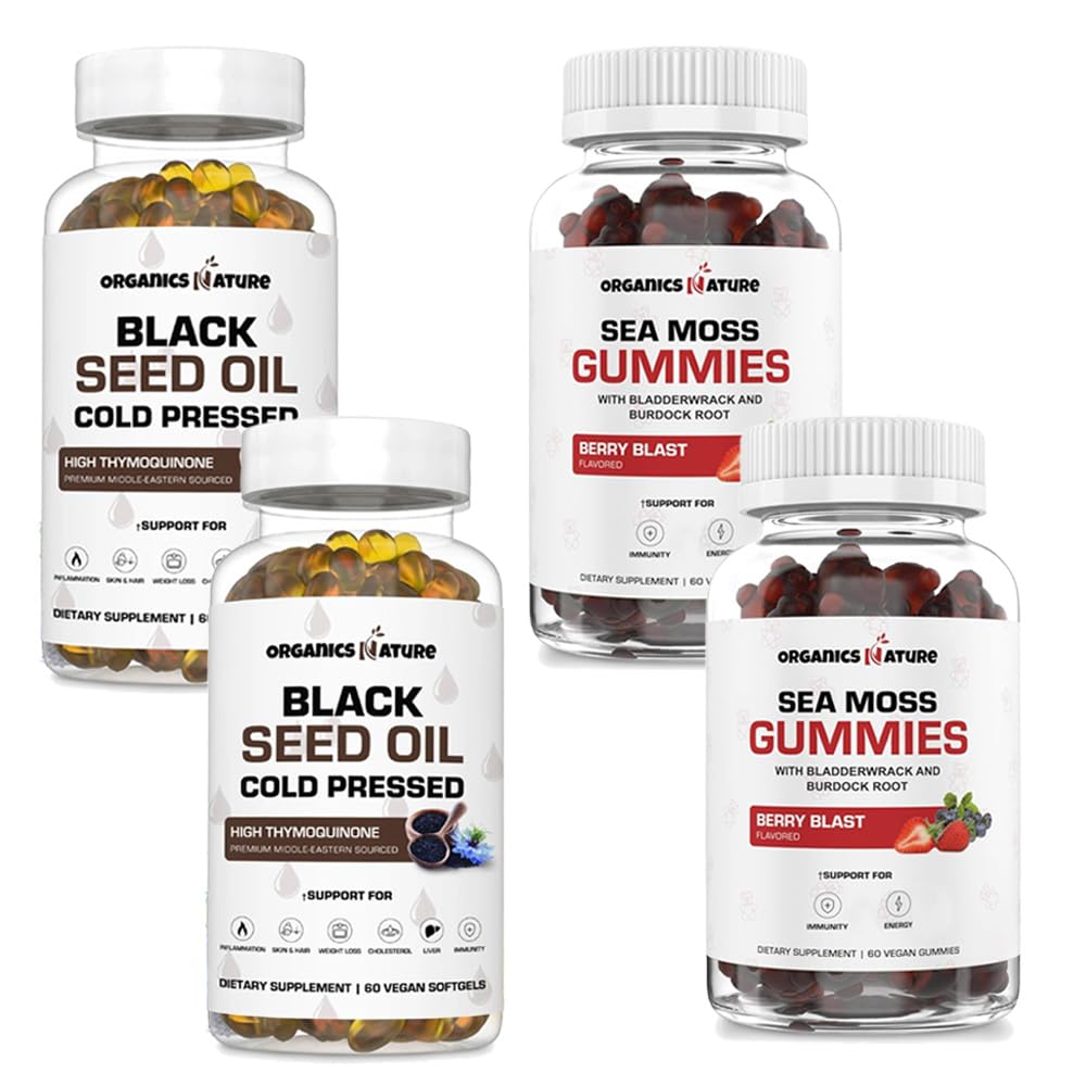 ORGANICS NATURE Black Seed Oil Capsules (2 Bottles) & Sea Moss Gummies (2 Bottles) | Vegan Softgels, for Hair, Skin, Heart, Joint Support, Lung Detox, Energy, Mucus Clear, Thyroid, Digestion Omega 3s