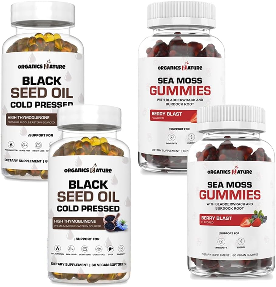 ORGANICS NATURE Black Seed Oil Capsules (2 Flaschen) & Sea Moss Gummies (2 Flaschen) | Vegan Softgels, für Haare, Haut, Herz, Gelenkunterstützung, Lung Detox, Energie, Mucus Clear, Schilddrüse, Verdauung Omega 3s