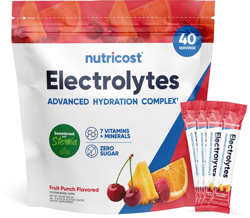Nutricost Electrolytes Complex, Fruit Punch Aromatisé, 40 Stickpacks - Complexe d'hydratation avancé